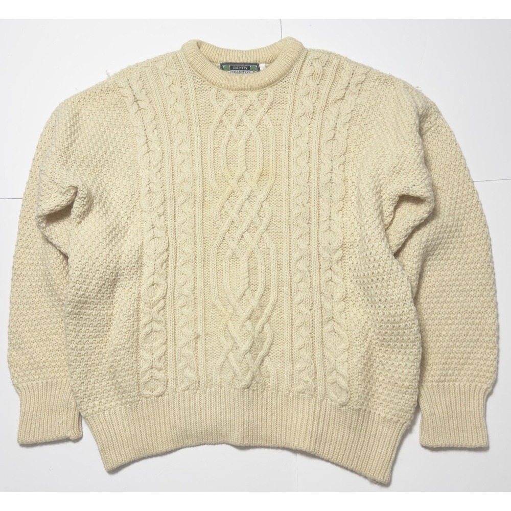 VTG Country Collection Ireland Men Chunky Cable Knit Fisherman Sweater 100% Wool